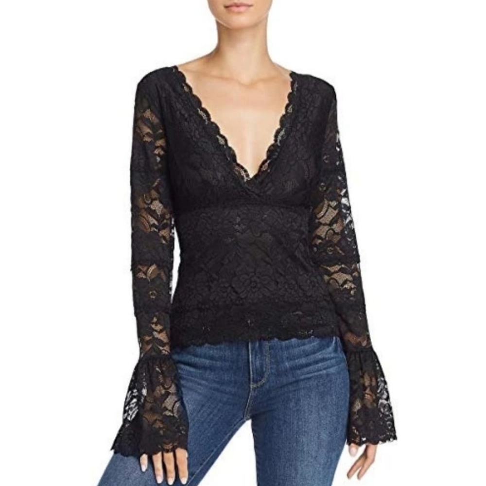 Guess Black Lace V-Neck Long Sleeve Blouse